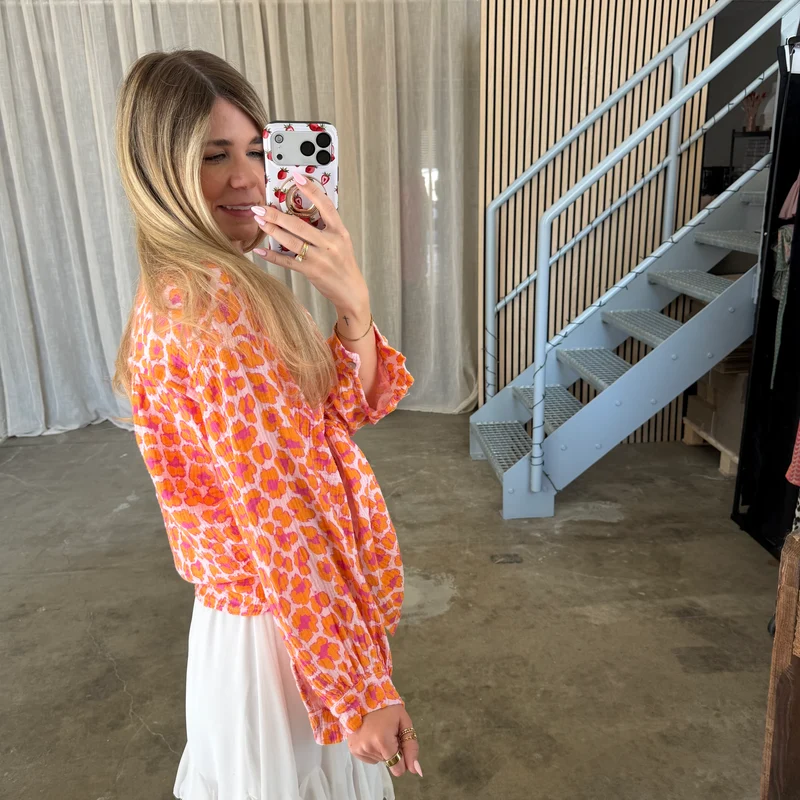 Oversize Musselinbluse Big Leo - Orange x Weiß