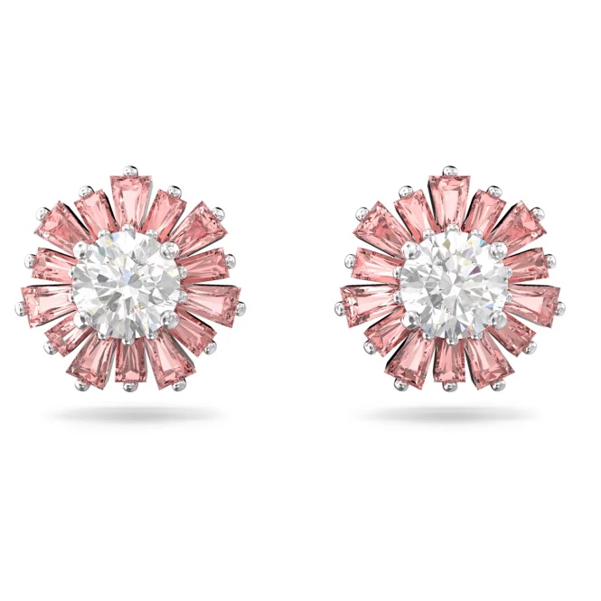 Idyllia Sun Stud Earrings with Mixed-Cut Pink Crystal in Rhodium Silver