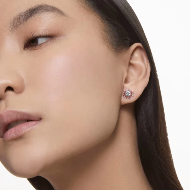 Idyllia Sun Stud Earrings with Mixed-Cut Pink Crystal in Rhodium Silver