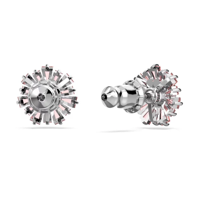 Idyllia Sun Stud Earrings with Mixed-Cut Pink Crystal in Rhodium Silver
