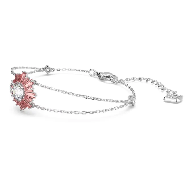Idyllia Sun Bracelet with Mixed-Cut Pink Crystal in Rhodium Silver