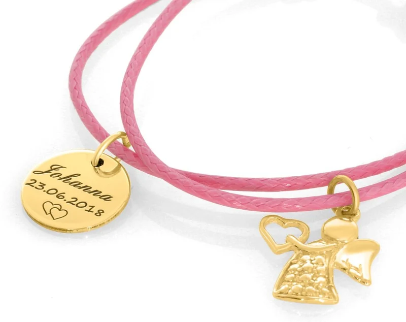 ARMBAND MIT GRAVUR VERGOLDET BAUMWOLLBAND KINDER ENGEL ANHÄNGER