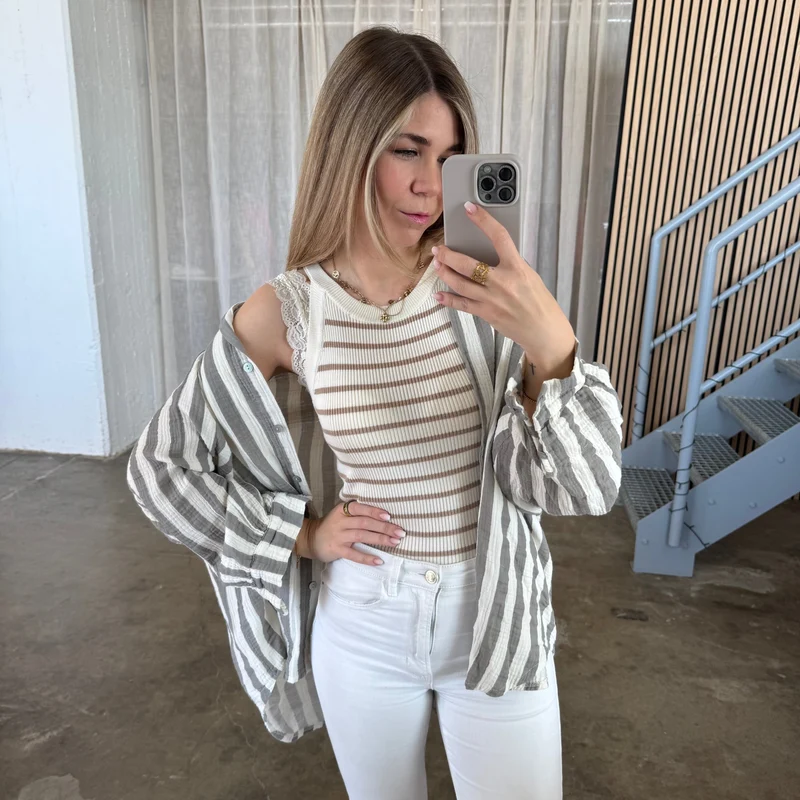 Oversize Musselinbluse Big Stripes - Grau