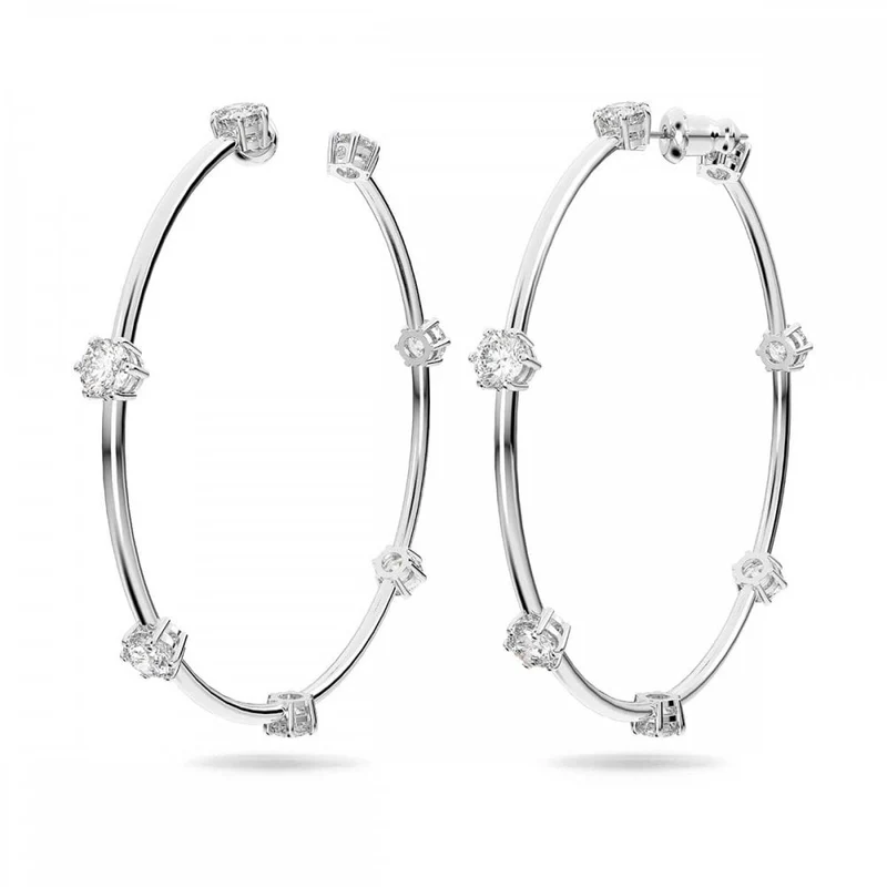 Constella Hoop Earrings with Round-Cut White Crystal in Rhodium Silver