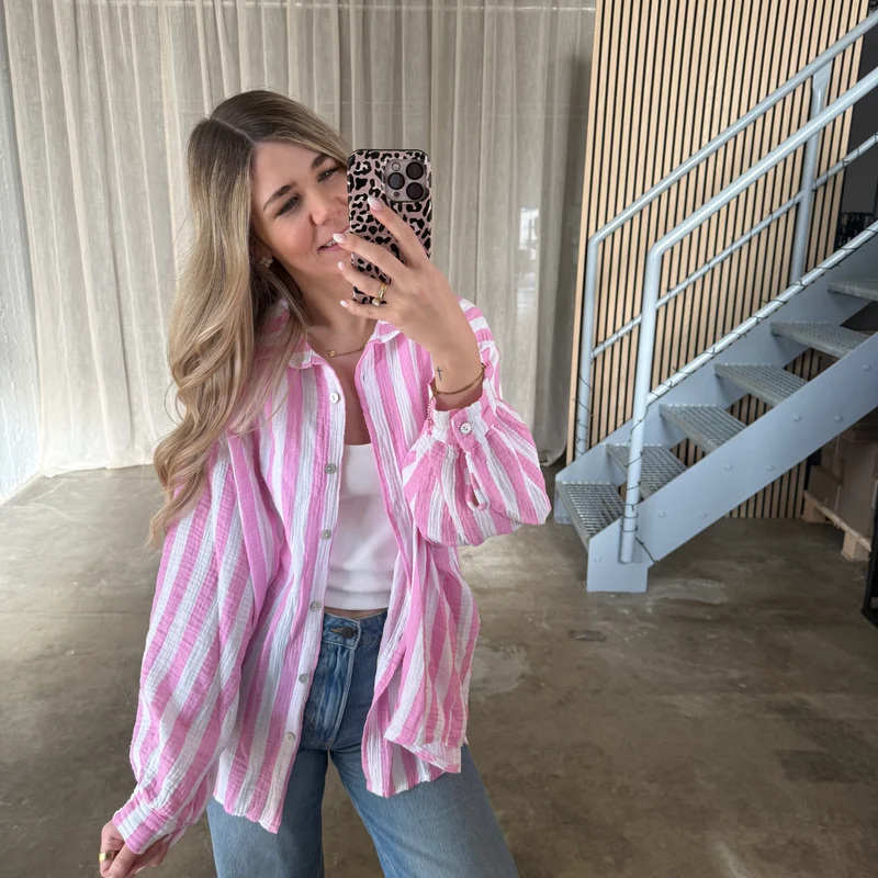 Oversize Musselinbluse Big Stripes - Rosa x Weiß