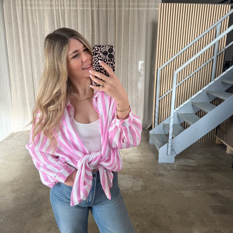 Oversize Musselinbluse Big Stripes - Rosa x Weiß