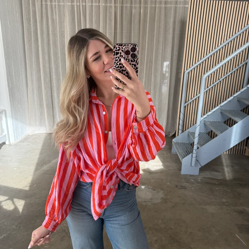 Oversize Musselinbluse Big Stripes - Rosa x Orange