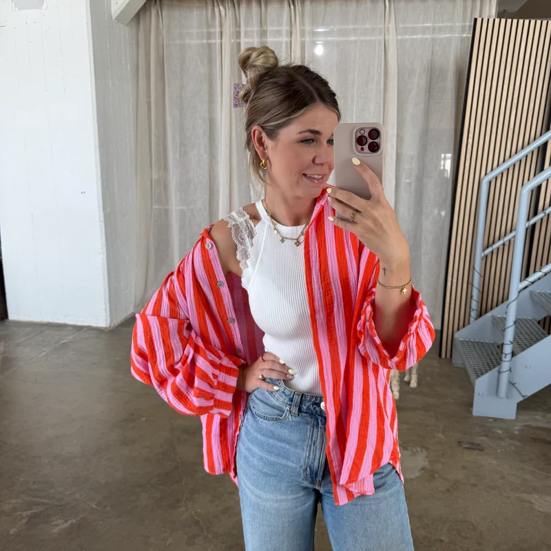 Oversize Musselinbluse Big Stripes - Rosa x Orange