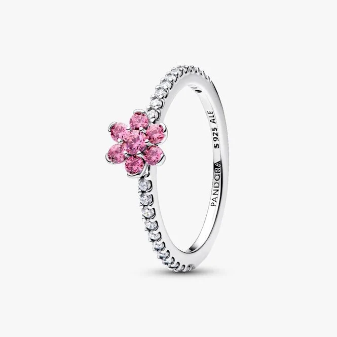 Sparkling Pink Flower Ring, Size 52