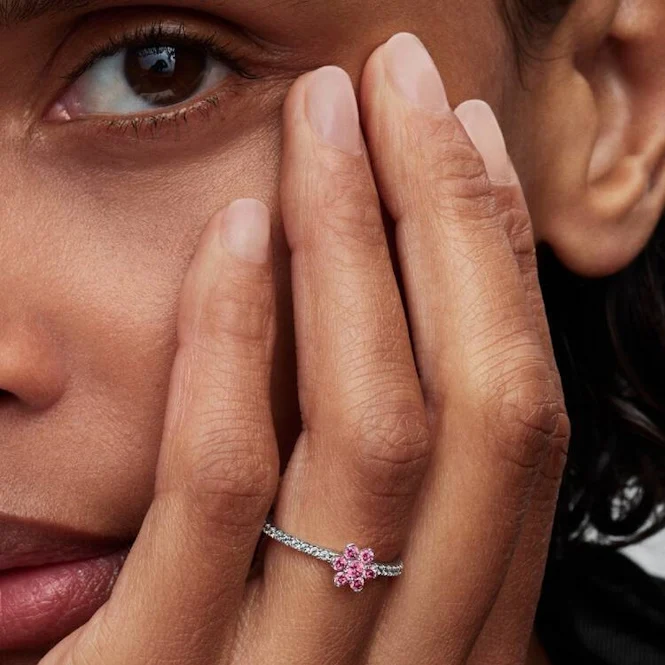 Sparkling Pink Flower Ring, Size 52