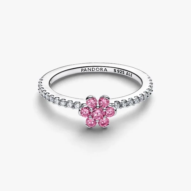 Sparkling Pink Flower Ring, Size 52