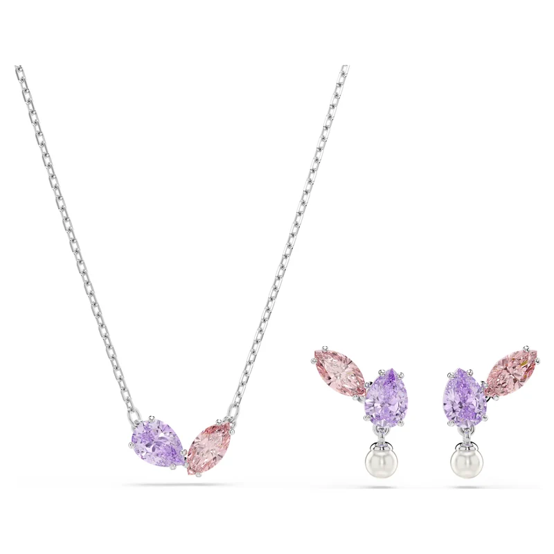 Ariana Grande x Swarovski Necklace & Earrings Set with Multicoloured Mixed-Cuts & Pearl in Rhodium Silver