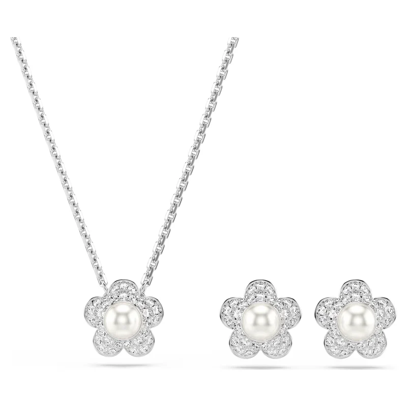 Ariana Grande x Swarovski Flower Necklace & Earrings Set with Round-Cuts & Pearl in Rhodium Silver