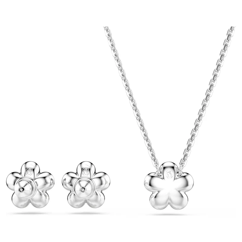 Ariana Grande x Swarovski Flower Necklace & Earrings Set with Round-Cuts & Pearl in Rhodium Silver