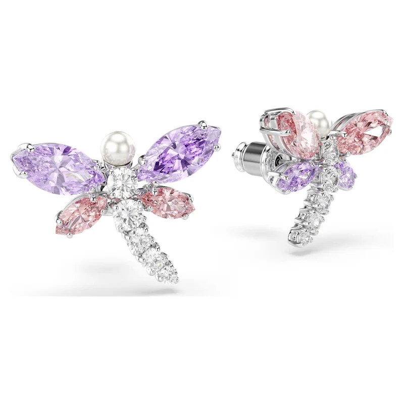 Ariana Grande x Swarovski Dragonfly Stud Earrings with Multicoloured Mixed-Cuts in Rhodium Silver