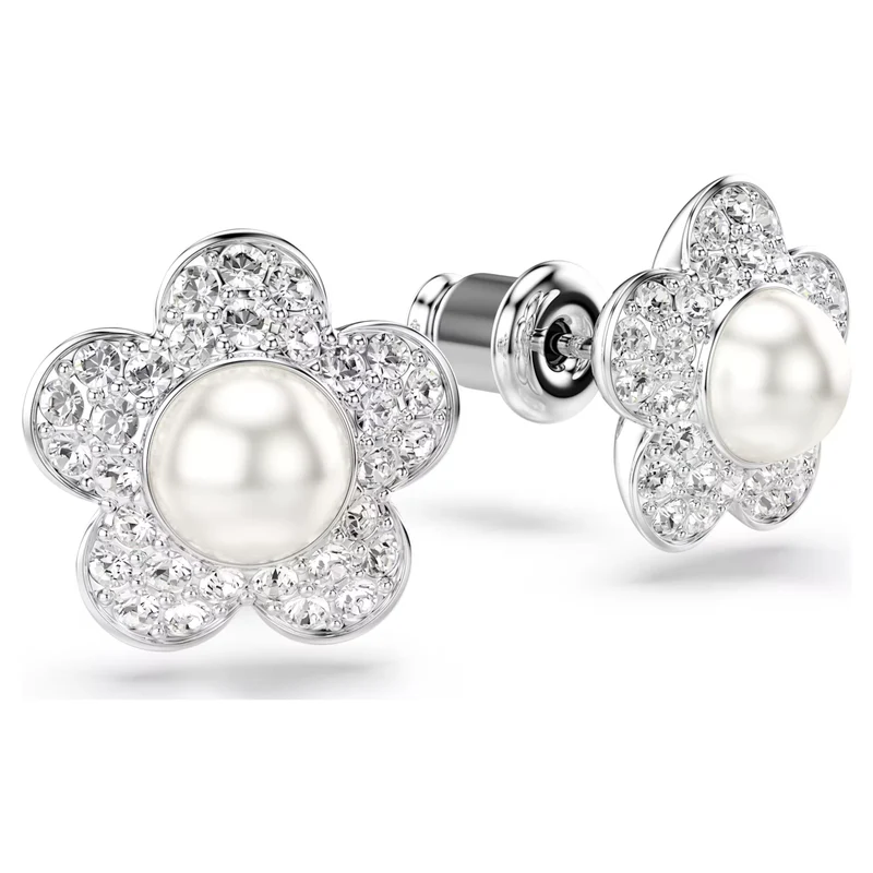 Ariana Grande x Swarovski Flower Stud Earrings with Round-Cut Crystal & Pearl in Rhodium Silver