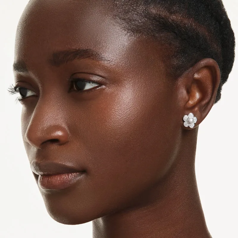 Ariana Grande x Swarovski Flower Stud Earrings with Round-Cut Crystal & Pearl in Rhodium Silver