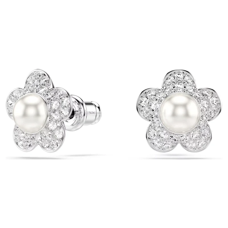 Ariana Grande x Swarovski Flower Stud Earrings with Round-Cut Crystal & Pearl in Rhodium Silver