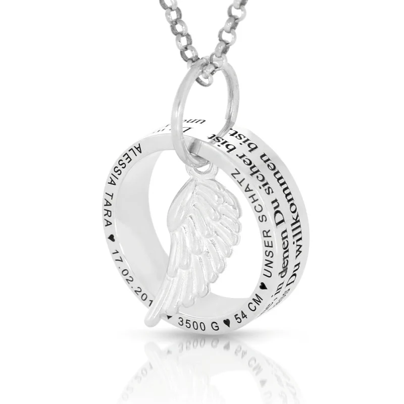 KETTE RING GRAVUR 925 SILBER GEBURT FLÜGEL GESCHENK GEBURT MUTTER HALSKETTE