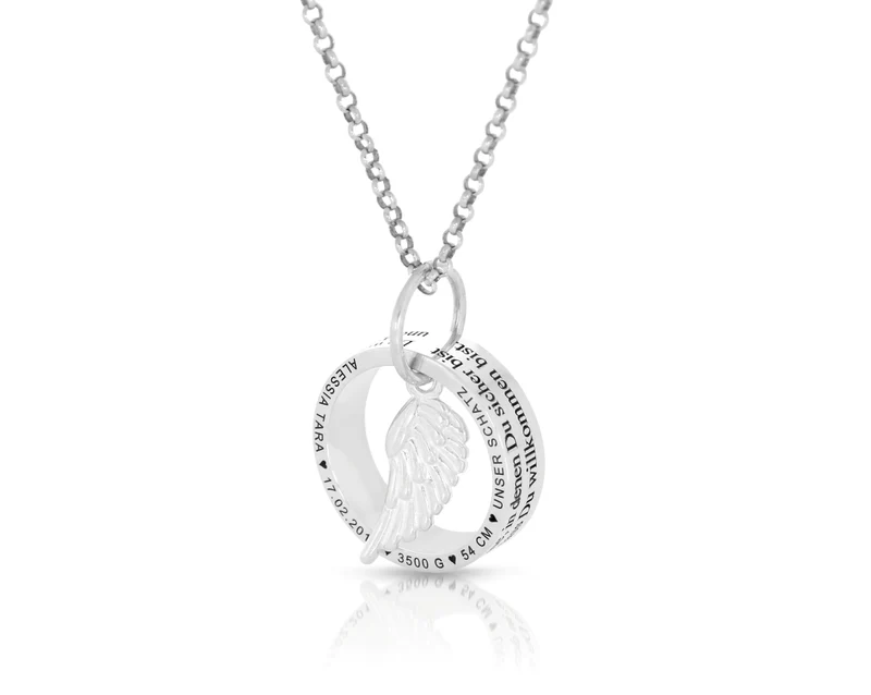 KETTE RING GRAVUR 925 SILBER GEBURT FLÜGEL GESCHENK GEBURT MUTTER HALSKETTE