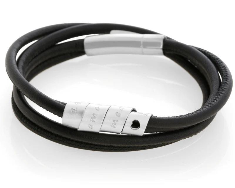 LEDERARMBAND GEWICKELT MIT GRAVUR, HERRENARMBAND SCHWARZ DUNKELBRAUN