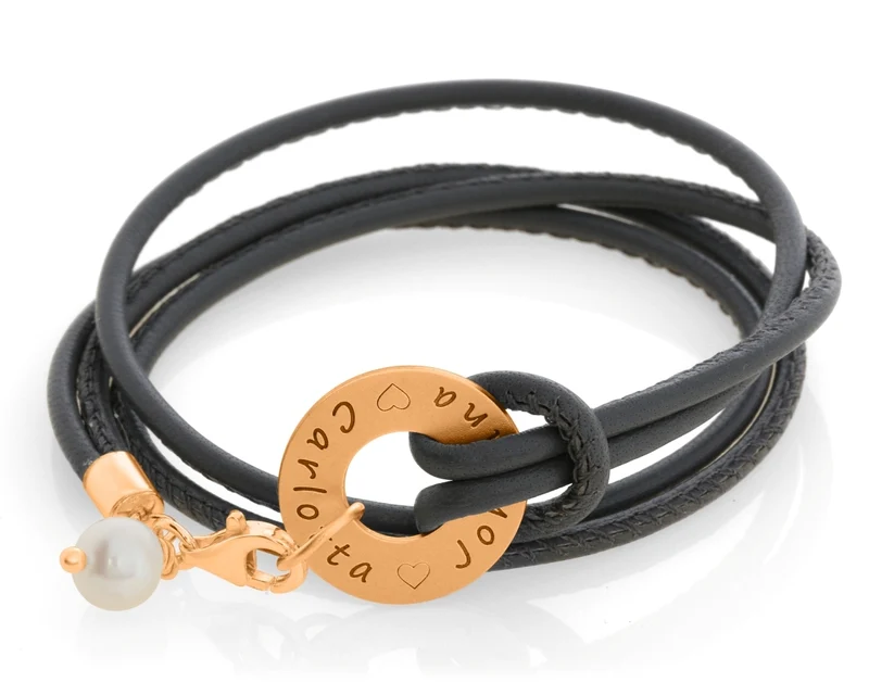 NAMENSARMBAND ROSÉ VERGOLDET, LEDERARMBAND GEWICKELT, ARMBAND MIT GRAVUR