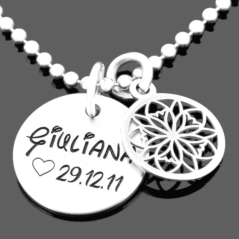 NAMENSKETTE SILBER, SCHMUCK MIT GRAVUR, BLUME ANHÄNGER, 925 SILBER