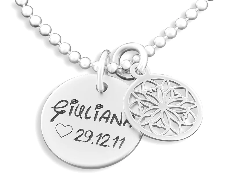 NAMENSKETTE SILBER, SCHMUCK MIT GRAVUR, BLUME ANHÄNGER, 925 SILBER