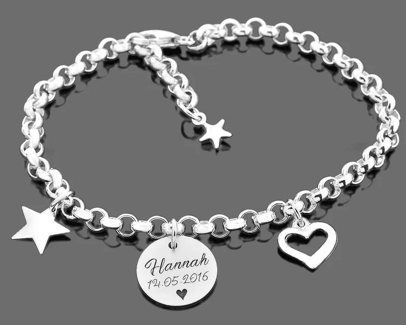 SILBERARMBAND MIT NAMEN, STERN & HERZ ANHÄNGER, DAMENSCHMUCK