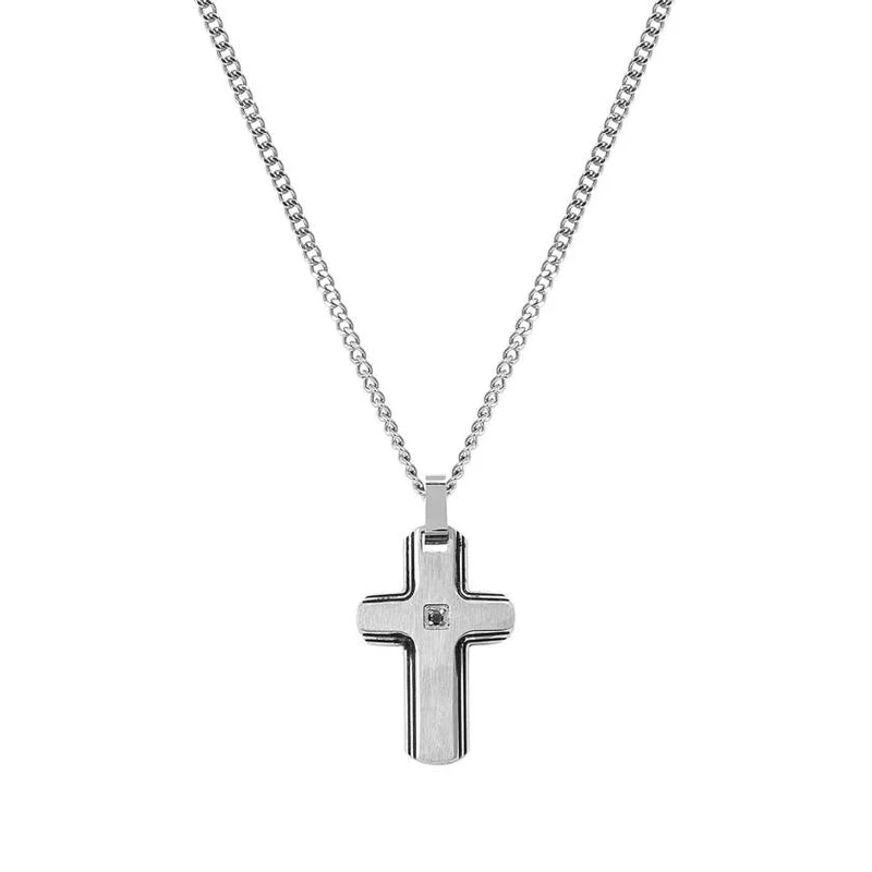 Strong Diamond Geometric Necklace in Silver & Black Diamond Cross