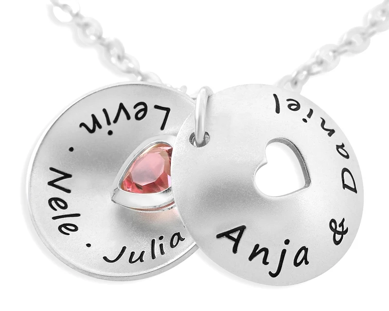 FAMILIENKETTE MIT NAMEN MEDAILLON MIT GRAVUR DESIGN HERZ KETTE DAMEN FILIGRANE HALSKETTE