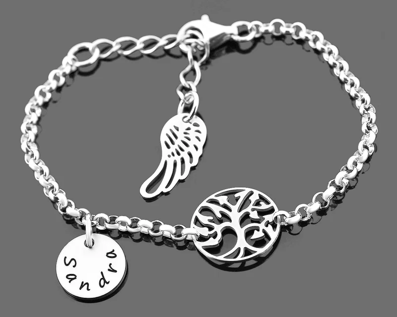 SILBERARMBAND MIT LEBENSBAUM & FLÜGEL SCHMUCK GRAVUR 925 SILBER DAMEN ARMBAND