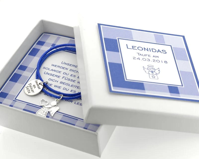 GESCHENKSCHACHTEL TAUFARMBAND MIT ENGEL JUNGE ARMBAND TAUFE MIT GRAVUR SCHACHTEL TEXT