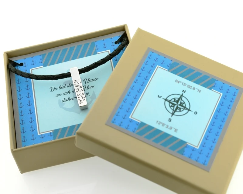 LEDERKETTE MIT SILBERBARREN, MÄNNERKETTE MIT KOORDINATEN, GESCHENK MANN