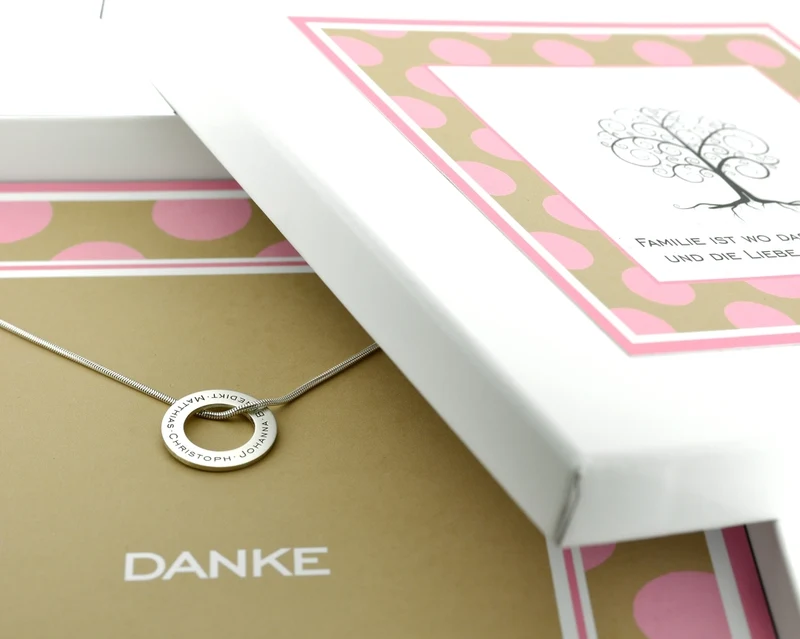 PERSONALISIERTE GESCHENK SCHACHTEL, FAMILIENKETTE SILBER, KETTE MIT NAMEN