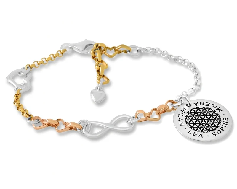 SILBER TRICOLOR DAMENARMBAND MIT GRAVUR INFINITY HERZ ARMBAND