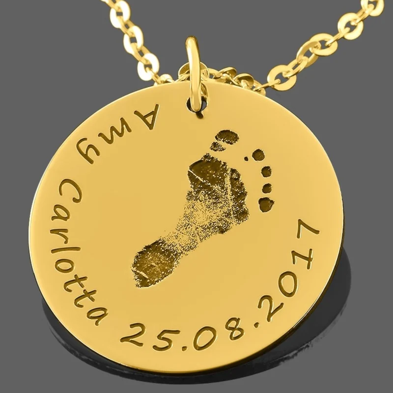 HALSKETTE GOLD BABYFUß ABDRUCK NAMENSKETTE GEBURT MUTTER MAMA SCHMUCK