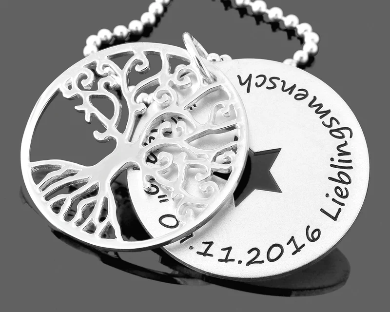 LEBENSBAUM KETTE MIT GRAVUR NAMENSKETTE SILBER STERN AUSSCHNITT HALSKETTE DAMEN