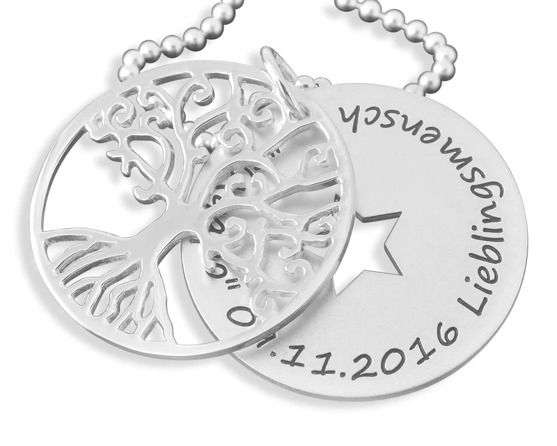 LEBENSBAUM KETTE MIT GRAVUR NAMENSKETTE SILBER STERN AUSSCHNITT HALSKETTE DAMEN