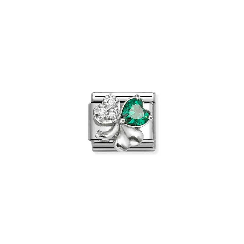 Classic Silver CZ Rich White and Green Clover Sparkly & Stones Charms