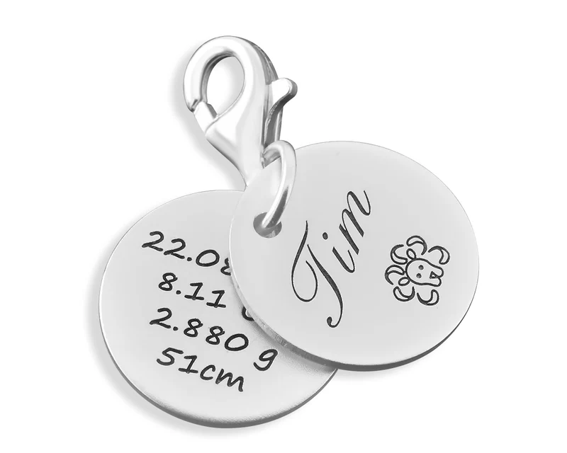 GESCHENK ZUR GEBURT CHARM ANHÄNGER SILBERSCHMUCK CHARMS GRAVUR 925 SILBER