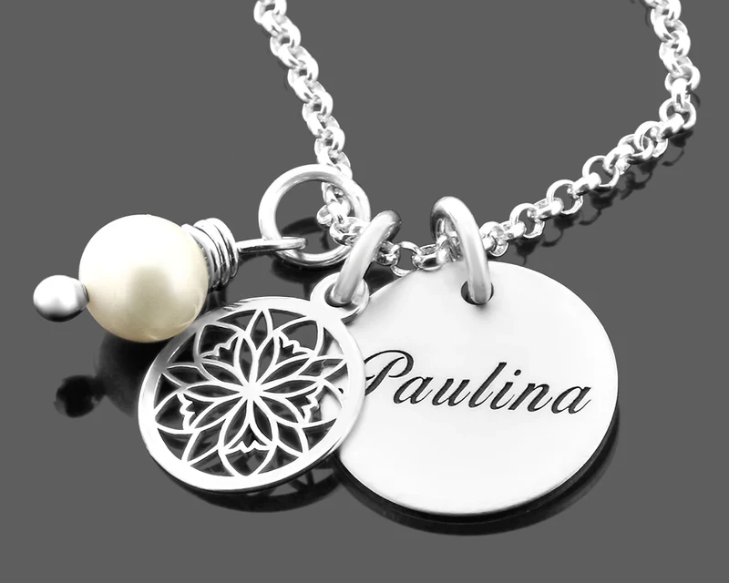 DAMENSCHMUCK MIT GRAVUR NAMENSKETTE SILBER SÜßWASSERPERLE BLUME ANHÄNGER