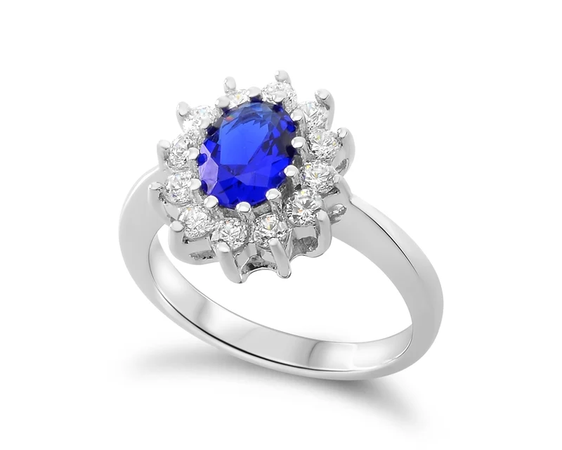 SILBER RING VERLOBUNG ZIRKONIA BLAU LADY DI DAMENRING KÖNIGIN SILBERRING
