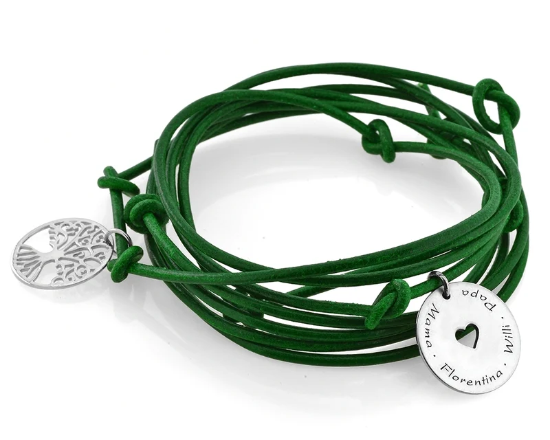 VINTAGE ARMBAND GRÜN LEDERARMBAND MIT GRAVUR FAMILIENSCHMUCK