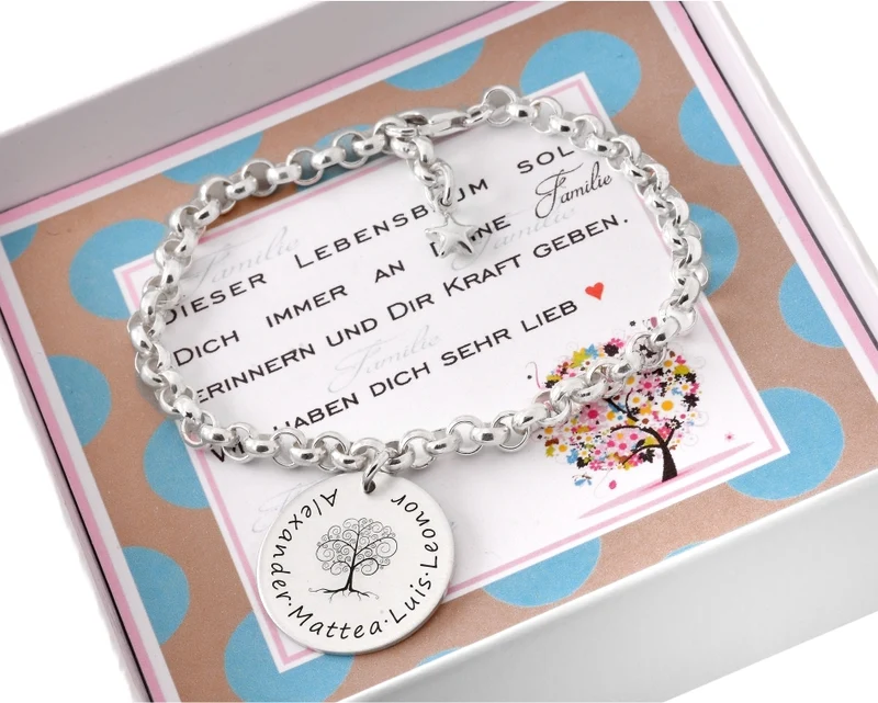 FAMILIENARMBAND 925 SILBER GESCHENK SCHACHTEL DAMEN ARMBAND SILBERARMBAND MIT GRAVUR