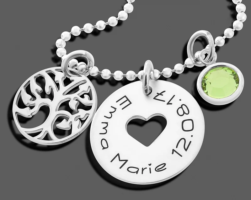 LEBENSBAUM KETTE MIT GRAVUR HERZ 925 SILBER GESCHENK GEBURT NAMENSKETTE