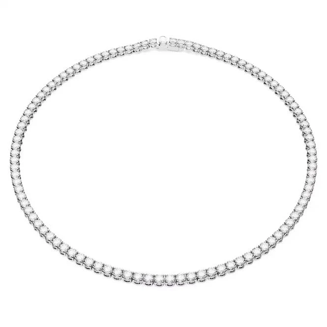 Matrix Tennis Necklace with Round-Cut White Crystal in Rhodium Silver