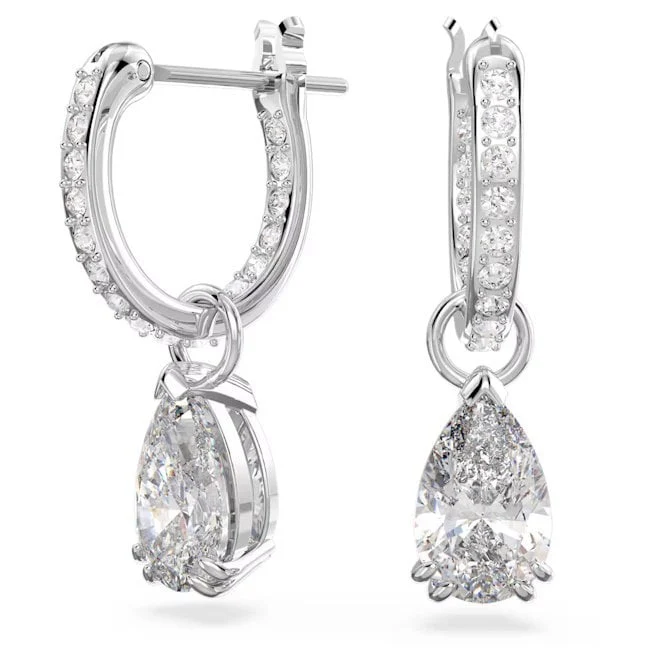 Stilla Hoop Earrings with Pear-Cut White Crystal in Rhodium Silver