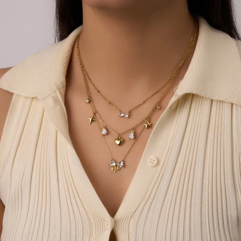 Pave Heart Ribbon Kette 14K Vergoldet