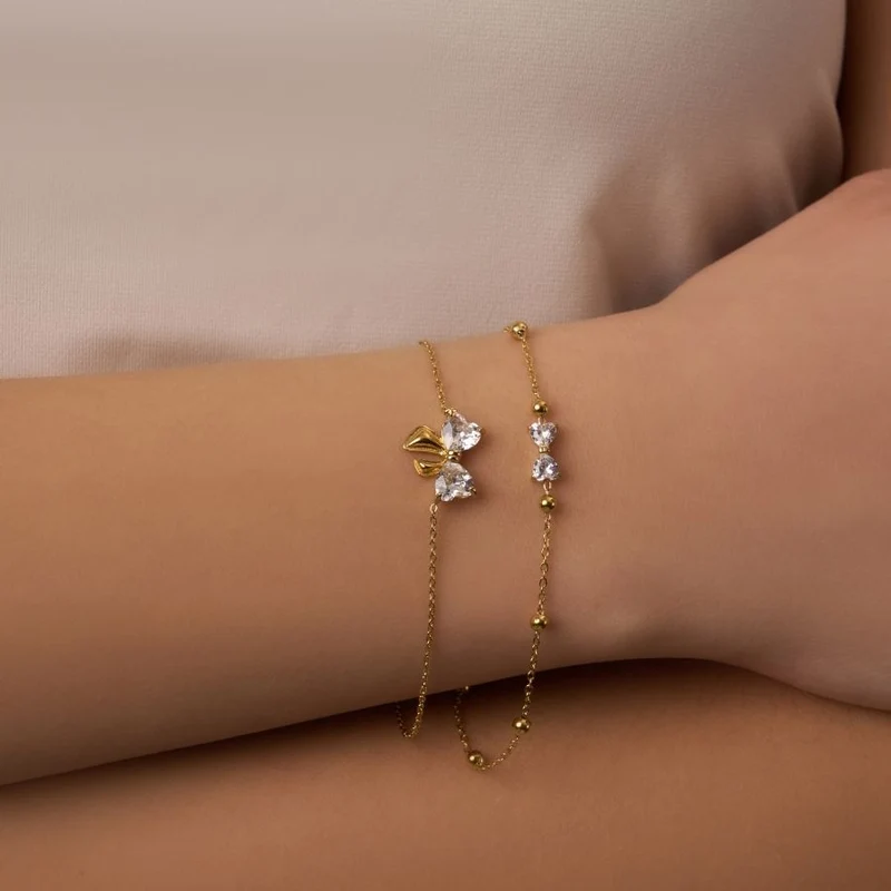 Pave Heart Ribbon Armband 14K Vergoldet